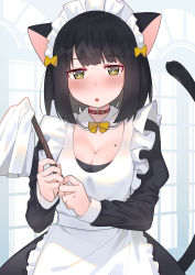 Rule 34 | 1girl, absurdres, animal ears, black hair, blunt bangs, blush, bow, breasts, cat ears, cat tail, cleavage, collar, duster, hair bow, highres, large breasts, long sleeves, looking at viewer, maid, maid headdress, original, parted lips, short hair, solo, tail, tonarikeru, yellow bow, yellow eyes