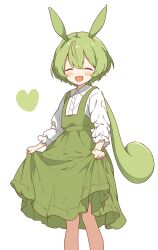 Rule 34 | 1girl, :d, absurdres, animal ears, blush, closed eyes, collared shirt, dot nose, dress, facing viewer, feet out of frame, green dress, green hair, heart, highres, legs apart, long hair, long sleeves, low-tied long hair, open mouth, pinafore dress, pleated dress, rabbit ears, rabbit girl, shirt, simple background, skirt hold, sleeveless, sleeveless dress, smile, solo, voicevox, white background, white shirt, zundamon, zunmut