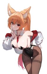 Rule 34 | 1girl, absurdres, animal ear fluff, animal ears, armpits, artist request, bare shoulders, between breasts, black leotard, blonde hair, braid, breasts, brown pantyhose, cleavage, commission, covered navel, detached collar, dungeon and fighter, ellin meiji, fox ears, hand on own hip, highleg, highleg leotard, highres, index finger raised, jacket, large breasts, leaning forward, leotard, long hair, looking at viewer, necktie, necktie between breasts, nontraditional playboy bunny, off shoulder, open clothes, open jacket, pantyhose, ponytail, red eyes, second-party source, simple background, solo, standing, strapless, strapless leotard, thigh gap, thighband pantyhose, very long hair, white background, white jacket