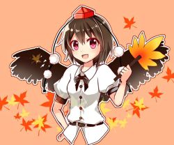 Rule 34 | 1girl, bad id, bad twitter id, belt, black hair, collared shirt, hand on own hip, hat, leaf, leaf fan, looking at viewer, maple leaf, neck ribbon, open mouth, outline, pom pom (clothes), puffy short sleeves, puffy sleeves, red eyes, ribbon, shameimaru aya, shirt, short hair, short sleeves, sketch, smile, solo, tokin hat, touhou, upper body, wings, yada (xxxadaman)
