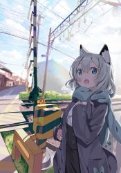 Rule 34 | 1girl, :o, animal ear fluff, animal ears, black skirt, blue eyes, blue scarf, blue sky, blush, cloud, cloudy sky, commentary request, day, enpera, eyebrows hidden by hair, fox ears, grey hair, grey jacket, hair between eyes, hand up, high-waist skirt, highres, house, jacket, long sleeves, open clothes, open jacket, open mouth, original, outdoors, power lines, railroad crossing, railroad tracks, scarf, shirt, skirt, sky, sleeves past wrists, solo, tantan men (dragon), white shirt