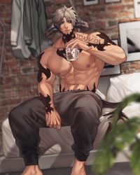 Rule 34 | 1boy, abs, artist name, au ra, warrior of light (ff14), bara, bear, biceps, black horns, blue eyes, blurry, blurry background, building, commission, couch, dragon horns, dragon tail, final fantasy, final fantasy xiv, highres, horns, jouvru, male focus, muscular, muscular male, nipples, pants, pectoral cleavage, pectorals, plant, room, sitting, solo, tail, thick arms, topless male, white hair