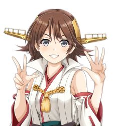 Rule 34 | 1girl, blue eyes, brown hair, commentary request, detached sleeves, flipped hair, grin, headgear, hiei (kancolle), hiei kai ni (kancolle), highres, japanese clothes, kantai collection, long sleeves, looking at viewer, nontraditional miko, ribbon-trimmed sleeves, ribbon trim, short hair, simple background, smile, solo, teeth, tk8d32, upper body, white background, wide sleeves
