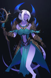 Rule 34 | 1girl, absurdres, armor, breasts, brown gloves, clothing cutout, colored skin, distr, draenei, dress, faulds, gloves, green dress, highres, horns, jahlee (sienna), large breasts, medium hair, navel, navel cutout, pauldrons, pelvic curtain, purple skin, shoulder armor, smile, solo, tail, warcraft, white hair, world of warcraft