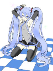 Rule 34 | 1girl, armpits, bad id, bad pixiv id, checkered floor, colorized, ginta, hatsune miku, long hair, necktie, perspective, solo, thighhighs, tubaki, twintails, vocaloid