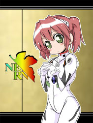 Rule 34 | 1girl, alternate costume, ayanami rei, ayanami rei (cosplay), blush, bodysuit, breasts, cosplay, cowboy shot, from side, gloves, green eyes, hair ornament, head tilt, honky, interlocked fingers, kobayakawa yutaka, logo, looking at viewer, lucky star, neon genesis evangelion, nerv, no nose, outline, own hands clasped, own hands together, pilot suit, pink hair, plugsuit, plugsuit (cosplay), red hair, short hair, short twintails, small breasts, solo, turtleneck, twintails