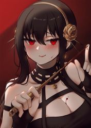 Rule 34 | 1girl, bare shoulders, beimulakia, black hair, blood, blood on breasts, blood on face, bloody weapon, blush, breasts, choker, cleavage, dagger, earrings, flower, hair flower, hair ornament, hairband, half-closed eyes, highres, holding, holding weapon, jewelry, knife, large breasts, looking at viewer, red background, red eyes, rose, simple background, smile, spy x family, weapon, yor briar
