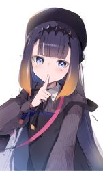 Rule 34 | 1girl, backlighting, bad id, bad pixiv id, beret, blush, commentary, finger to mouth, hat, hololive, hololive english, long hair, long sleeves, looking at viewer, nekopote, ninomae ina&#039;nis, ninomae ina&#039;nis (casual), pointy ears, purple eyes, purple hair, solo, tentacle hair, upper body, virtual youtuber, white background