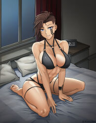 Rule 34 | 1girl, abs, absurdres, artist name, bare shoulders, barefoot, bed, bedroom, black bra, black panties, blue eyes, bra, breasts, brown hair, cleavage, clock, collarbone, facial mark, facial tattoo, full body, hands on bed, highres, legs, light smile, looking at viewer, matsu arts, medium breasts, on bed, open mouth, original, panties, parted lips, pillow, short hair, sitting, soles, solo, tattoo, thighs, twitter username, underwear, window
