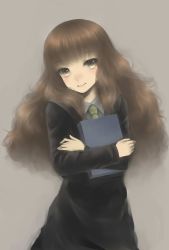 Rule 34 | 1girl, animification, bad id, bad pixiv id, book, brown eyes, brown hair, curly hair, frizzy hair, harry potter (series), hermione granger, hinase kanoto, simple background, smile, solo, wavy hair, wizarding world