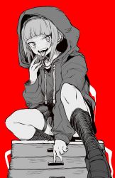 Rule 34 | 1girl, :d, blunt bangs, boku no hero academia, ddari, fingernails, hand up, highres, hood, hood up, hoodie, long sleeves, looking at viewer, monochrome, open mouth, red background, red theme, shoes, short hair, sitting, smile, socks, solo, toga himiko, tongue, tongue out, vaulting horse