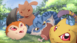 Rule 34 | absurdres, chershireh, chocomon, closed eyes, digimon, digimon (creature), eating, food, grass, highres, meat, no humans, nyaromon, on grass, open mouth, outdoors, tree, tunomon, wanyamon