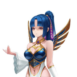 Rule 34 | 1girl, armor, blue hair, boobplate, breastplate, breasts, cleavage cutout, clothing cutout, detached sleeves, fieryonion, hair intakes, hair ribbon, heart cutout, high ponytail, highres, layered sleeves, long hair, long sleeves, medium breasts, midriff, nail polish, navel, original, purple ribbon, red eyes, ribbon, simple background, solo, stomach, upper body, white background, white nails, white sleeves