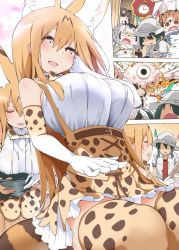 Rule 34 | 1boy, 6+girls, :3, :d, african wild dog (kemono friends), alternate hair length, alternate hairstyle, animal ear fluff, animal ears, bare shoulders, belt, breasts, brown bear (kemono friends), cellien (kemono friends), elbow gloves, eurasian eagle owl (kemono friends), extra ears, faceless, gloves, golden snub-nosed monkey (kemono friends), hair between eyes, hat, hat feather, hayashi (l8poushou), high-waist skirt, highres, kaban (kemono friends), kemono friends, lap pillow, lap pillow invitation, large breasts, long hair, looking at viewer, multiple girls, northern white-faced owl (kemono friends), open mouth, print legwear, print skirt, serval (kemono friends), serval print, serval tail, shirt, skirt, sleeveless, sleeveless shirt, smile, solo focus, tail, thighhighs, white shirt, yellow eyes