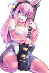 Rule 34 | 1girl, alternate costume, animal ears, blue eyes, bocchi the rock!, breasts, cleavage, commentary, cube hair ornament, detached sleeves, electric guitar, english commentary, fake animal ears, fake tail, gotoh hitori, guitar, hair between eyes, hair ornament, highres, holding, holding instrument, hot vr, instrument, large breasts, leotard, long hair, looking at viewer, open mouth, patreon username, pink hair, pink sleeves, playboy bunny, rabbit ears, rabbit tail, simple background, solo, tail, white background, white leotard
