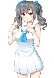 Rule 34 | 10s, 1girl, alternate costume, bare arms, bare shoulders, blue bow, blush, bow, breasts, drill hair, eyebrows, grey hair, hair bow, twirling hair, idolmaster, idolmaster cinderella girls, kanzaki ranko, long hair, looking at viewer, medium breasts, memume, open mouth, red eyes, sailor collar, simple background, solo, twin drills, white background