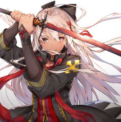Rule 34 | 1girl, arm guards, arms up, black bow, black cola, black jacket, bow, brown eyes, brown hair, closed mouth, collarbone, dark-skinned female, dark skin, dress, fate/grand order, fate (series), gradient background, grey background, hair between eyes, hair bow, hair ornament, high collar, highres, holding, holding sword, holding weapon, jacket, koha-ace, long hair, long sleeves, looking at viewer, okita souji (fate), okita souji alter (fate), red dress, sheath, sheathed, solo, sword, tassel, two-handed, very long hair, weapon, white background