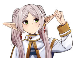 Rule 34 | 1girl, closed mouth, earrings, frieren, green eyes, grey hair, hand up, jewelry, long hair, long sleeves, looking to the side, pointy ears, robe, shirt, short eyebrows, sidelocks, simple background, solo, sousou no frieren, thick eyebrows, twintails, upper body, white background, white shirt, yamaguchi satoshi