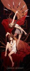 Rule 34 | 2girls, absurdres, arm up, bare legs, barefoot, black eyes, black hair, branch, closed mouth, commentary, dress, english text, erchongbaojun, evil smile, foot up, highres, knife, leaning back, long hair, looking at viewer, multiple girls, open mouth, original, picture frame, red curtains, red eyes, see-through, see-through dress, sharp teeth, sitting, sleeveless, smile, soles, spaghetti strap, strap slip, symbol-only commentary, teeth, very long hair, white dress