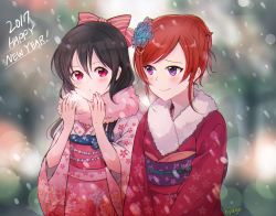 Rule 34 | 10s, 2017, 2girls, alternate hairstyle, artist name, bad id, bad pixiv id, black hair, blush, bow, breath, breathing on hands, flower, fur-trimmed kimono, fur trim, hair between eyes, hair bow, hair down, hair flower, hair ornament, hair stick, hair up, happy new year, highres, hyugo, japanese clothes, kimono, long hair, looking at another, love live!, love live! school idol festival, love live! school idol project, multiple girls, new year, nishikino maki, obi, purple eyes, red eyes, red hair, sash, smile, upper body, wide sleeves, yazawa nico