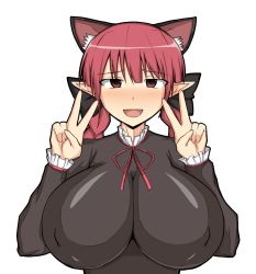 Rule 34 | 1girl, animal ears, braid, breasts, cat ears, cat girl, covered erect nipples, double v, female focus, hair ornament, hair ribbon, huge breasts, kaenbyou rin, long hair, musuka (muska), open mouth, pointy ears, red eyes, red hair, ribbon, simple background, solo, touhou, twin braids, upper body, v, white background