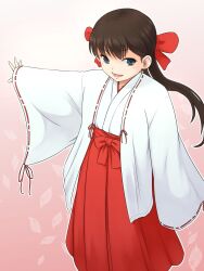 Rule 34 | 1girl, black eyes, black hair, bow, commentary request, dot nose, falling leaves, feet out of frame, from above, gradient background, hakama, hakama skirt, highres, japanese clothes, kakone, kimono, leaf, long hair, long sleeves, looking at viewer, miko, open mouth, original, outline, outstretched arm, pink background, red bow, red skirt, ribbon-trimmed sleeves, ribbon trim, skirt, sleeves past wrists, smile, solo, teeth, white background, white kimono, white outline, wide sleeves