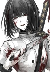 Rule 34 | 1girl, black hair, blood, blood on face, blood on hands, bloody weapon, bob cut, buttons, hand up, highres, holding, holding knife, jacket, knife, limbus company, looking at viewer, luull, project moon, red eyes, ryoshu (project moon), short hair, simple background, solo, weapon, white background, white jacket