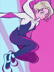 Rule 34 | 1girl, animification, aqua background, aqua eyes, ballet slippers, blonde hair, bodysuit, breasts, covered navel, film grain, full body, gwen stacy, halftone, halftone background, highres, hood, hooded bodysuit, looking at viewer, marvel, medium breasts, pink background, short hair, skin tight, smile, solo, spider-gwen, spider-man: into the spider-verse, spider-man (series), spider-verse, spider web print, two-tone background, uzuta