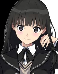 Rule 34 | 1girl, adjusting hair, amagami, ayatsuji tsukasa, black background, black bow, black bowtie, black eyes, black hair, black jacket, black sailor collar, blazer, blush, bow, bowtie, brown sweater, close-up, closed mouth, collared shirt, commentary, dress shirt, head tilt, jacket, kibito high school uniform, long hair, long sleeves, looking at viewer, loose hair strand, open clothes, open jacket, outline, portrait, ropuggo, sailor collar, school uniform, shirt, smile, solo, sweater, two-tone background, v-shaped eyebrows, white background, white outline, white shirt