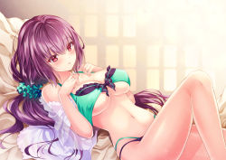 Rule 34 | 1girl, bed, bikini, blush, breasts, fate/grand order, fate (series), green bikini, hair ornament, hair scrunchie, indoors, jacket, large breasts, lying, navel, nogi takayoshi, on back, open mouth, pillow, ponytail, purple hair, red eyes, scathach (fate), scathach skadi (fate), scathach skadi (swimsuit ruler) (fate), scathach skadi (swimsuit ruler) (final ascension) (fate), scrunchie, see-through, swimsuit, two-tone bikini