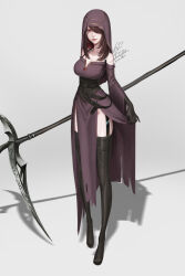 Rule 34 | 1girl, absurdres, bare shoulders, belt, black gloves, boots, breasts, brown hair, clothes lift, colored inner hair, commentary, commentary request, corset, detached sleeves, dress, dress lift, fantasy, full body, garter straps, gloves, gradient background, hair over one eye, highres, holding, holding scythe, holding weapon, hood, ikasamahideo, jewelry, looking at viewer, medium breasts, mole, mole under mouth, multicolored hair, necklace, original, red eyes, red hair, scythe, shadow, signature, smile, solo, standing, thigh boots, torn clothes, two-tone hair, weapon, wide sleeves