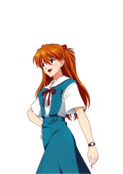 Rule 34 | 1girl, absurdres, blue eyes, blue skirt, bow, bowtie, breasts, brown hair, collarbone, collared shirt, dress shirt, hand on own hip, highres, interface headset, khara (animation studio), long hair, looking to the side, medium breasts, neon genesis evangelion, official art, scan, school uniform, shirt, simple background, skirt, solo, source request, souryuu asuka langley, tokyo-3 middle school uniform, two side up, white background, white shirt