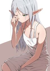 Rule 34 | 1girl, bare shoulders, dress, elf, expressionless, flat chest, frieren, green eyes, grey hair, highres, long hair, looking to the side, neko (hansinn), one eye closed, pointy ears, rubbing eyes, sitting, solo, sousou no frieren, white dress