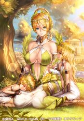 Rule 34 | 1girl, 2girls, blonde hair, blue eyes, breasts, cleavage, dress, closed eyes, flower, grass, head wreath, large breasts, long hair, mother and child, multiple girls, nature, nidy, short hair, sleeping, smile, tree