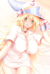 Rule 34 | 1girl, absurdres, alternate breast size, alternate costume, blonde hair, blue hat, blush stickers, breasts, bursting breasts, button gap, calcio, cleavage, dark magician girl, duel monster, flipped hair, green eyes, hat, hexagram, highres, large breasts, long hair, looking at viewer, miniskirt, nurse, nurse cap, popped button, shirt, skirt, smile, solo, spiked hair, undersized clothes, very long hair, white shirt, white skirt, yu-gi-oh!