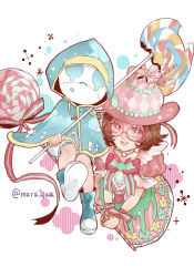 Rule 34 | 1boy, 1girl, :d, boots, bow, bowtie, brown hair, candy, collarbone, dress, emuru (mushroom379), food, frilled sleeves, frills, glasses, hat, helena adams, highres, holding, holding food, hood, hood up, identity v, lollipop, mask, official alternate costume, open mouth, oversized food, oversized object, pink-framed eyewear, pink cake (identity v), pink dress, pink eyes, pink headwear, puffy short sleeves, puffy sleeves, robbie (identity v), short hair, short sleeves, shorts, signature, simple background, smile, striped bow, striped bowtie, striped clothes, striped neckwear, swirl lollipop, twitter username, wail (identity v)