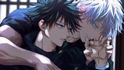 Rule 34 | 2boys, absurdres, arm around shoulder, black hair, black jacket, black shirt, blue eyes, blurry, blurry background, buttons, commentary request, eyelashes, fushiguro megumi, gojou satoru, green eyes, hair between eyes, hand up, highres, holding hands, jacket, jujutsu kaisen, light particles, long sleeves, looking at another, male focus, multiple boys, parted lips, scallopojisan, shirt, short hair, short sleeves, sideways glance, smile, spiked hair, teeth, upper body, white hair, window, yaoi