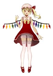 Rule 34 | 1girl, adapted costume, alternate costume, bad id, bad pixiv id, blonde hair, bloomers, choker, dress, fangs, flandre scarlet, full body, garter straps, hat, hat ribbon, looking at viewer, mary janes, mob cap, nail polish, open mouth, red dress, red eyes, ribbon, shoes, short hair, side ponytail, simple background, smile, solo, standing, thighhighs, torang3478, touhou, underwear, upskirt, white background, white thighhighs, wings, wrist cuffs