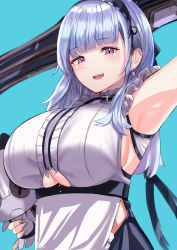 Rule 34 | 1girl, :d, absurdres, apron, arm up, armpits, azur lane, black hairband, blue background, blunt bangs, breasts, center frills, clothing cutout, dido (azur lane), doll, frills, hairband, highres, holding, holding doll, kanta (kanta 077), large breasts, long hair, looking at viewer, open mouth, purple eyes, shirt, silver hair, simple background, sleeveless, sleeveless shirt, smile, solo, teeth, underboob, underboob cutout, underbust, upper body, upper teeth only, waist apron, white apron, white shirt