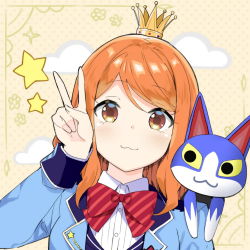Rule 34 | 1girl, :3, animal crossing, bow, bowtie, brown eyes, character request, commentary request, diagonal-striped bow, diagonal-striped bowtie, diagonal-striped clothes, diagonal-striped neckwear, hand up, long hair, long sleeves, looking at viewer, nintendo, orange hair, portrait, sky-freedom, smile, star (symbol), striped bow, striped bowtie, striped clothes, striped neckwear, tom (animal crossing), v
