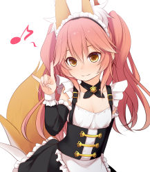 Rule 34 | 1girl, :3, absurdres, aged down, alternate costume, alternate hairstyle, animal ear fluff, animal ears, apron, breasts, brown eyes, commentary request, detached sleeves, enmaided, extra ears, fate/extra, fate (series), fox ears, fox girl, fox shadow puppet, fox tail, frilled apron, frilled skirt, frilled sleeves, frills, hair between eyes, haryuu (poetto), highres, long hair, long sleeves, looking at viewer, maid, maid headdress, musical note, official alternate costume, pink hair, simple background, skirt, small breasts, smile, solo, tail, tamamo (fate), tamamo no mae (fate/extra), tamamo no mae (tailmaid strike) (fate), twintails, waist apron, white background