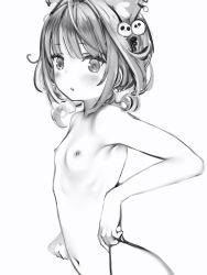 1girl, animal ears, blush, breasts, cat ears, earrings, from side, greyscale, hair ornament, highres, hololive, jewelry, looking at viewer, looking to the side, monochrome, nanashi (nlo), navel, parted lips, simple background, skull hair ornament, small breasts, solo, upper body, uruha rushia, white background