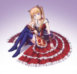 Rule 34 | 1girl, animal ears, antiregina, bad id, bad pixiv id, blonde hair, blue eyes, boots, breasts, cat ears, circle skirt, cleavage, dress, fantasy earth zero, frilled dress, frills, hoshizome, long hair, medium breasts, sitting, smile, solo, thigh boots, thighhighs, twintails