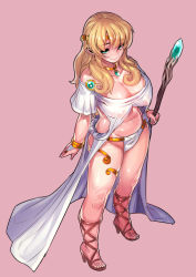 Rule 34 | 1girl, absurdres, aqua eyes, bare shoulders, belly, blonde hair, breasts, bridal gauntlets, cleavage, fengmo, high heels, highres, jewelry, large breasts, looking at viewer, necklace, original, pink background, pointy ears, simple background, solo, staff, thighs, toes