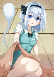 Rule 34 | absurdres, bad perspective, blanket, blue eyes, breasts, commentary request, daru (kumakumadon), dress, feet out of frame, green dress, highres, konpaku youmu, konpaku youmu (ghost), looking at viewer, open mouth, shiny skin, small breasts, solo, steam, steaming body, thighs, touhou, white hair