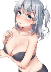 Rule 34 | 1girl, absurdres, alternate costume, blue eyes, blush, breasts, cleavage, collarbone, hair between eyes, highres, kantai collection, kiritto, large breasts, long hair, one side up, open mouth, silver hair, simple background, solo, suzutsuki (kancolle), upper body, white background