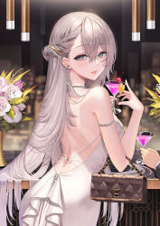 Rule 34 | 1boy, 1girl, absurdres, aqua eyes, back, backless dress, backless outfit, bar (place), bare shoulders, blurry, blurry background, blush, braid, breasts, cup, dress, earrings, flower, french braid, from behind, grey hair, hair between eyes, highres, holding, holding cup, indoors, jewelry, long hair, looking at viewer, looking back, night, okuma mai, original, parted lips, rose, sleeveless, sleeveless dress, smile, solo focus, very long hair, white dress