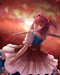 Rule 34 | 1girl, bad id, bad pixiv id, belt, cloud, dutch angle, eyelashes, female focus, flower, from behind, frown, hair bobbles, hair ornament, lips, looking at viewer, looking back, noe noel, onozuka komachi, open hand, pink hair, red eyes, scythe, short sleeves, skirt, sky, solo, spider lily, touhou, twintails, two side up, vest, wind