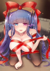 Rule 34 | 1girl, areola slip, azur lane, blue eyes, blue hair, bow, breasts, habu rin, heterochromia, highres, horns, ibuki (azur lane), large breasts, leaning forward, long hair, looking at viewer, naked ribbon, nude, pantyhose, purple eyes, red bow, red ribbon, ribbon, solo