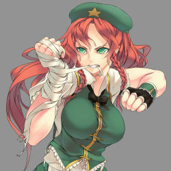 Rule 34 | 1girl, bandages, black gloves, braid, breasts, clenched hand, clenched hands, clenched teeth, fighting stance, fingerless gloves, frown, gloves, green eyes, grey background, hat, hong meiling, large breasts, long hair, mouth hold, red hair, reibun (raven1119), simple background, single glove, solo, star (symbol), teeth, touhou, twin braids, upper body